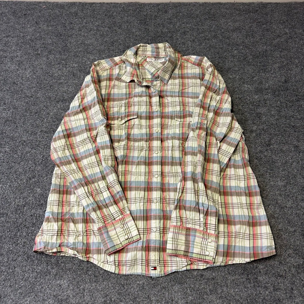 Tommy Hilfiger Button Down Womens XL Multi Plaid Long Sleeve Pearl Snap Shirt
